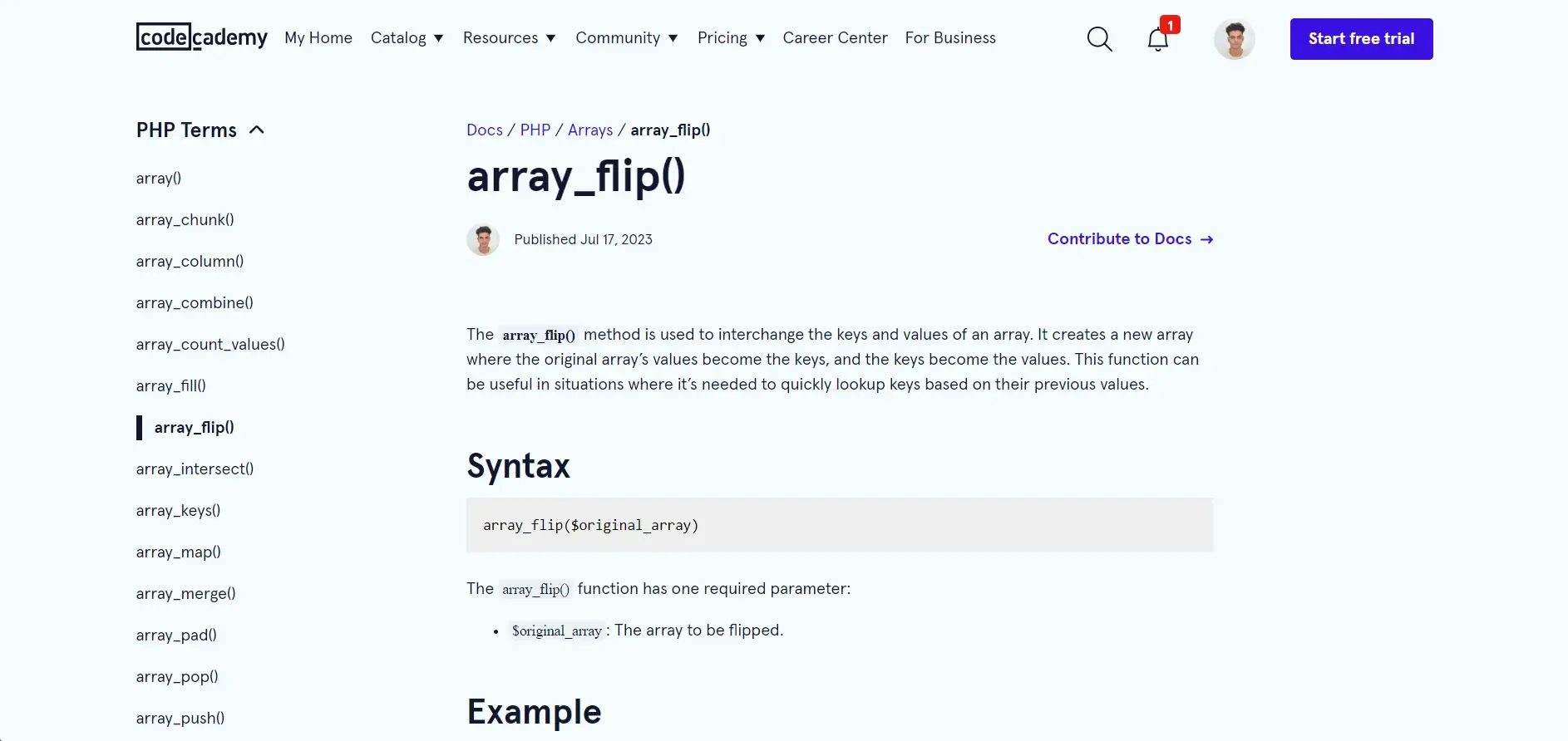 Méthode array_flip() en Php, capture d'écran du page web