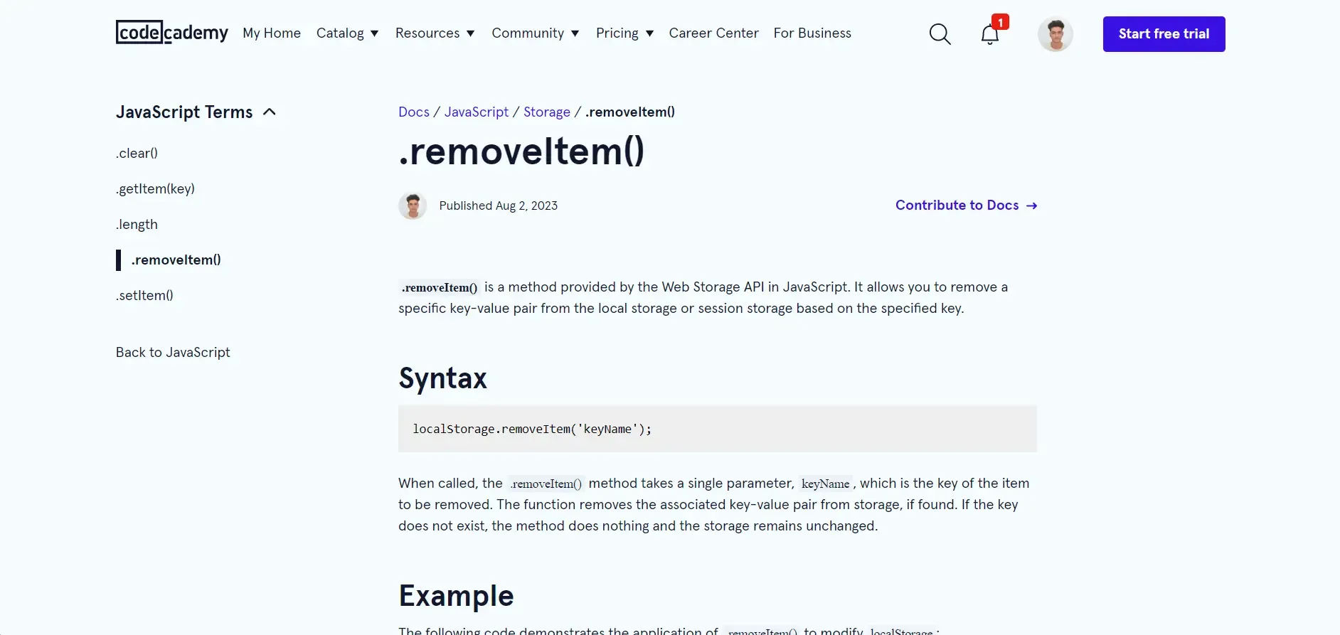 Méthode .removeItem() en javascript, capture d'écran du page web