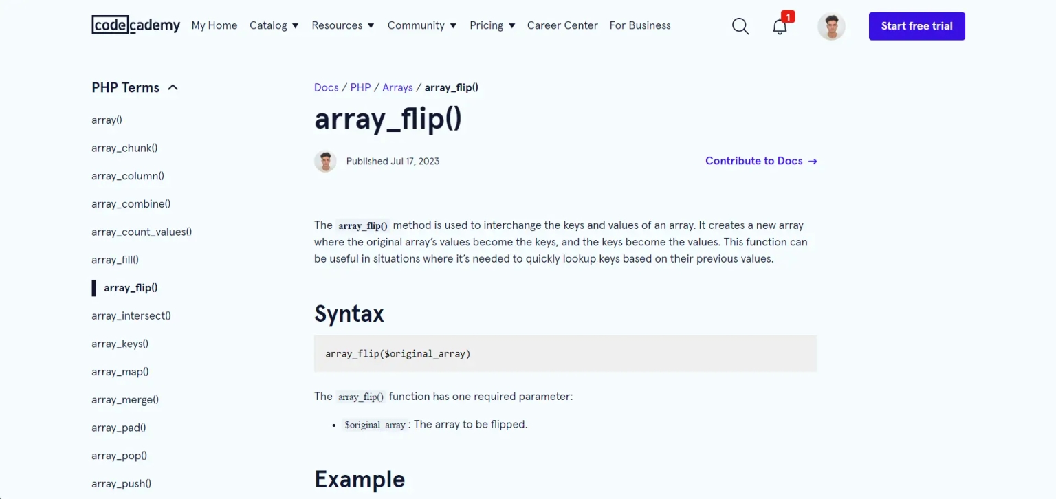 array_flip() Php method page screenshot