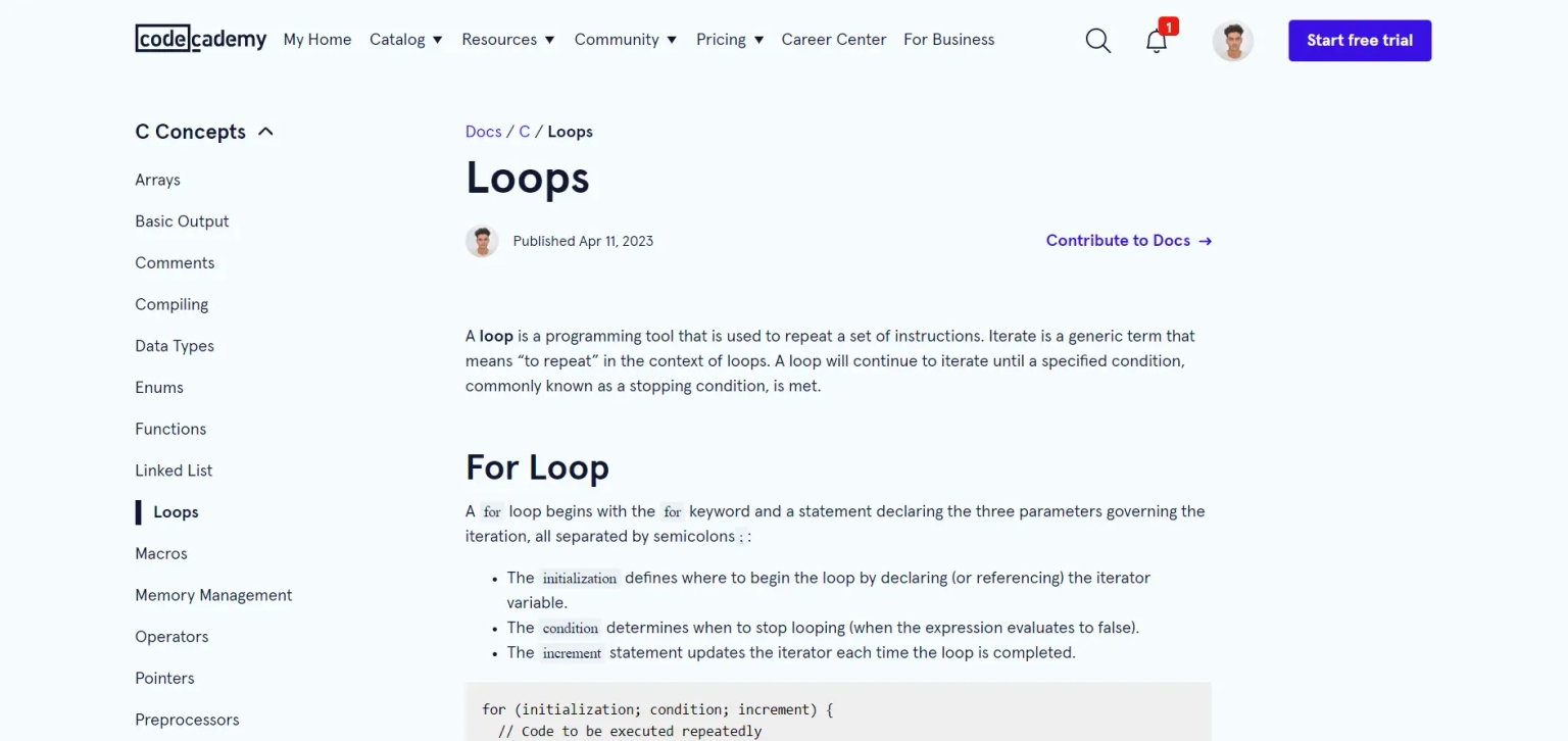 Loops in C web page screenshot